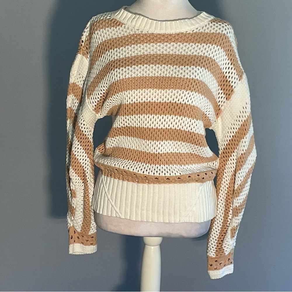 Elan Cozy Stripe Cotton Sweater XL Neutral Boho Chunky Knit Pullover - Picture 4 of 16